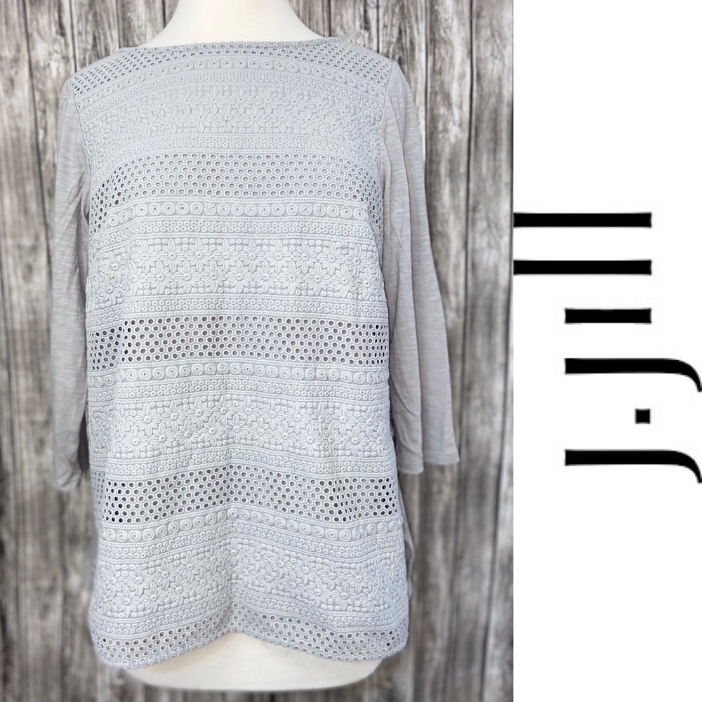 J. JILL Women's Gray Crochet Knit Eyelet Front 3/4 Sleeve Tunic Top Size S